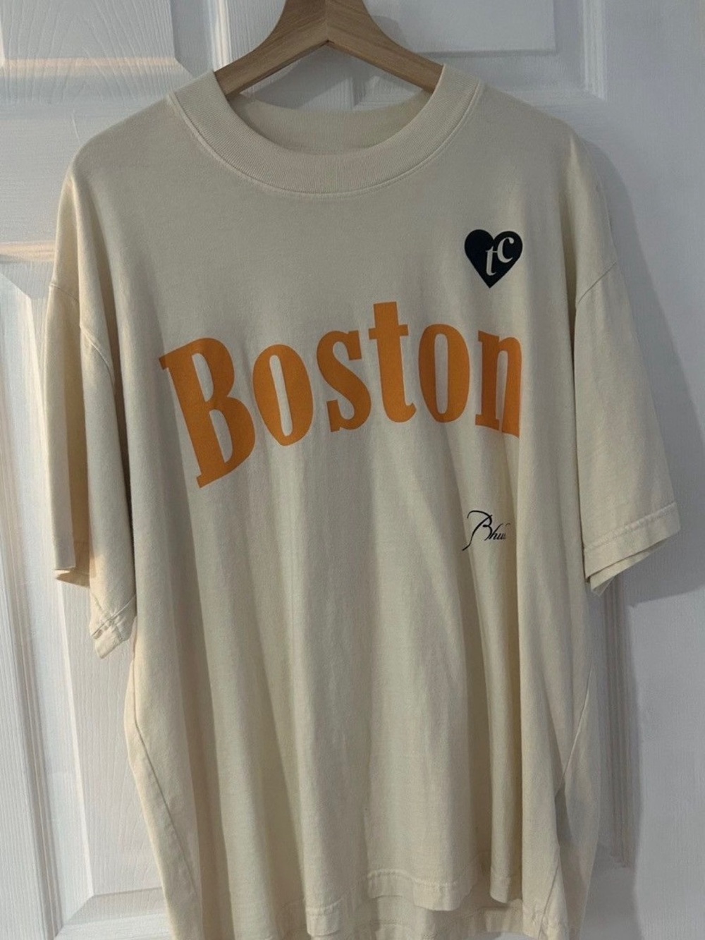 Rhude Cream Short-Sleeve Tee with Orange Boston Graphic